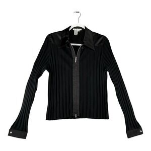 Cabi Black Ribbed Silk‎ Blend Zip Up Satin Trim Cardigan Sweater Womens X-Large